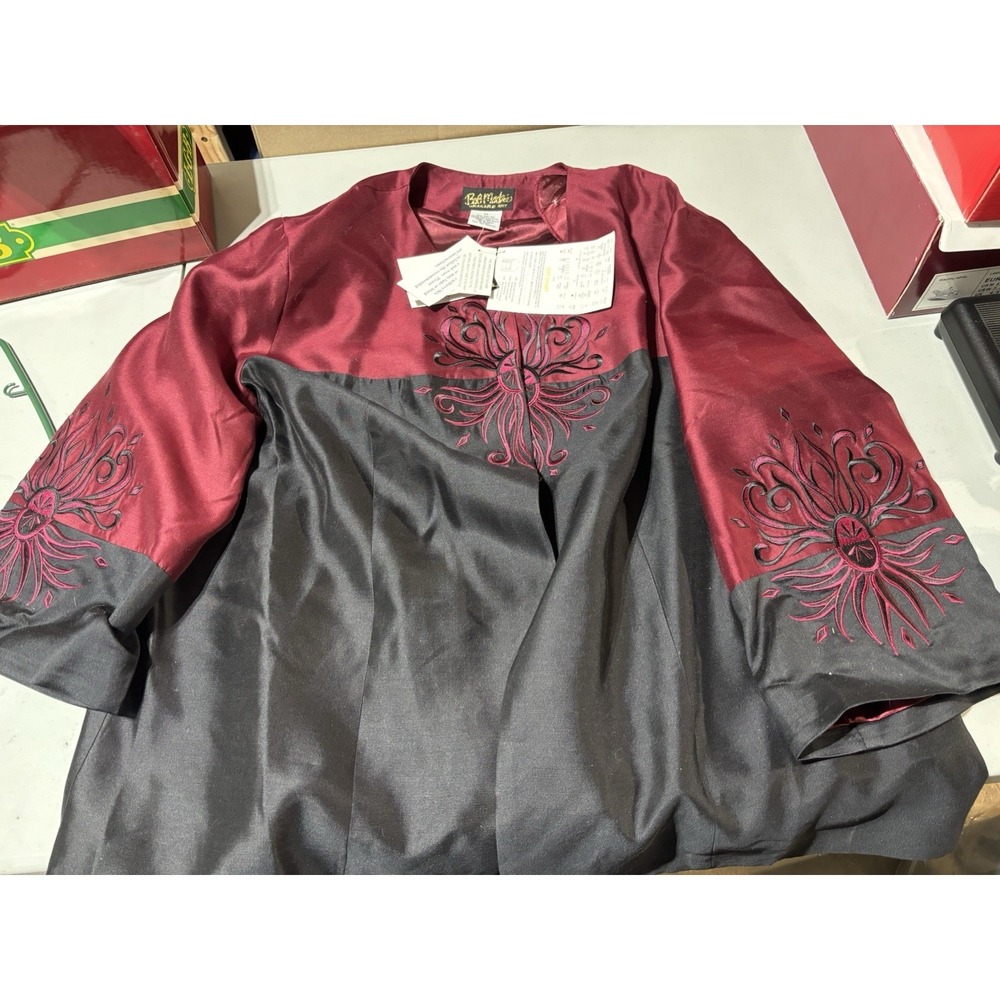 Bob Mackie Jacket Open Front Silk Red Black Size 2X Wearable Art Embroidered NWT